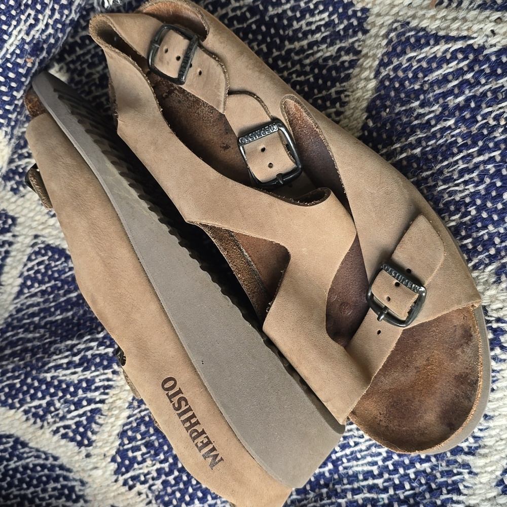 Mephisto Elka Sling Back Leather + Cork Wedge Ankle Strap Sandals Brown Sz: 40 9